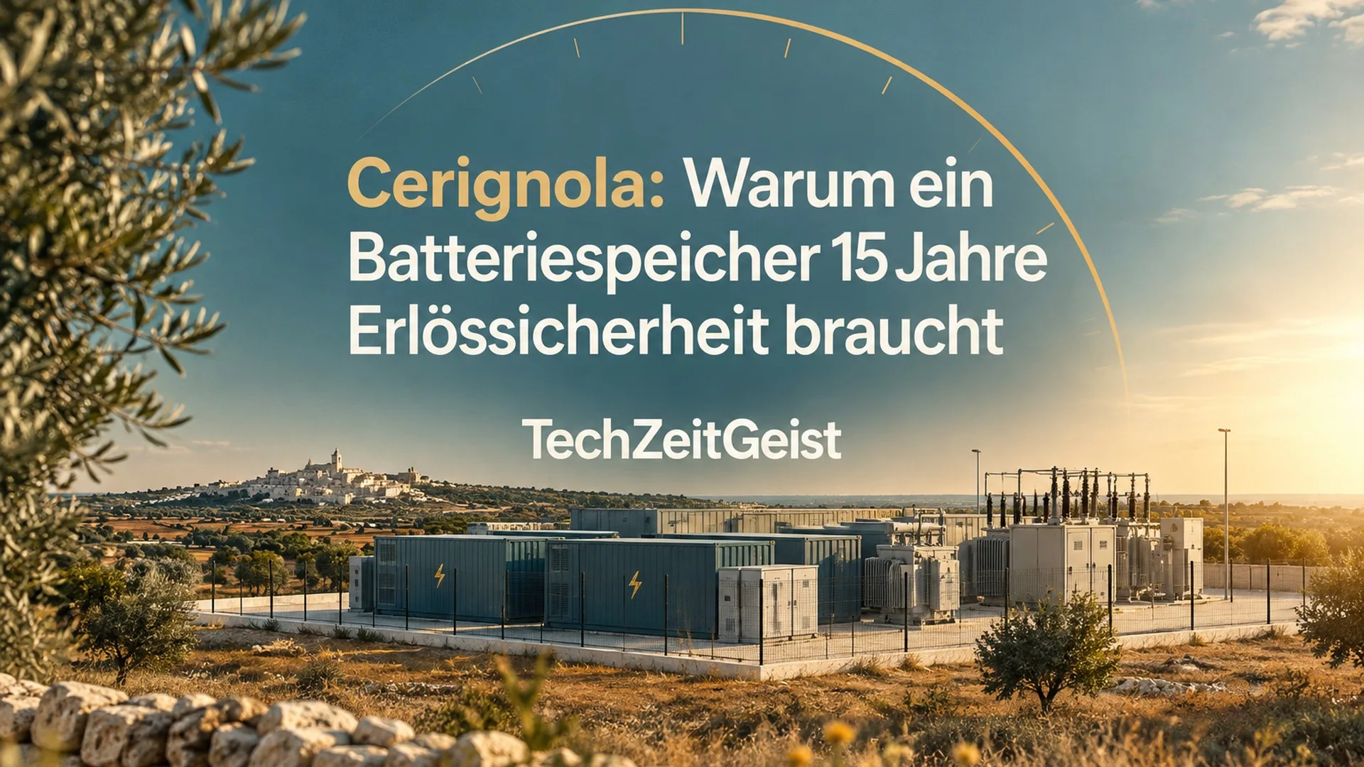 Symbolischer Batteriespeicherpark mit Transformatoren in sonniger Landschaft