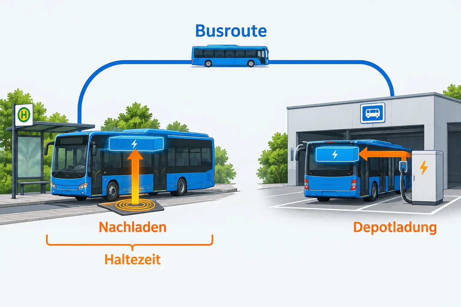 Schematische Busroute mit Ladegelegenheit an einer Haltestelle und ergänzender Depotladung