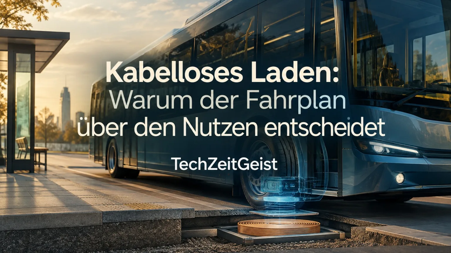 Symbolischer Elektrobus über einer Ladespule an einer Haltestelle
