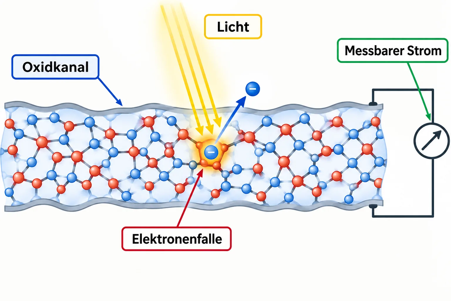 Vereinfachter Oxidkanal, in dem Licht ein gefangenes Elektron freisetzt und einen messbaren Strom ermöglicht