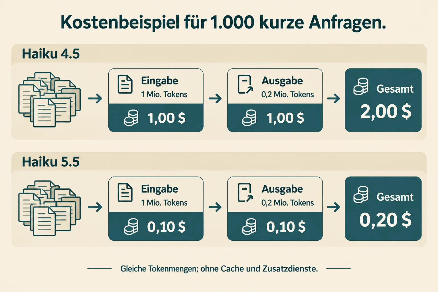 Zwei Rechenwege vergleichen die Tokenkosten eines hypothetischen Anfragepakets