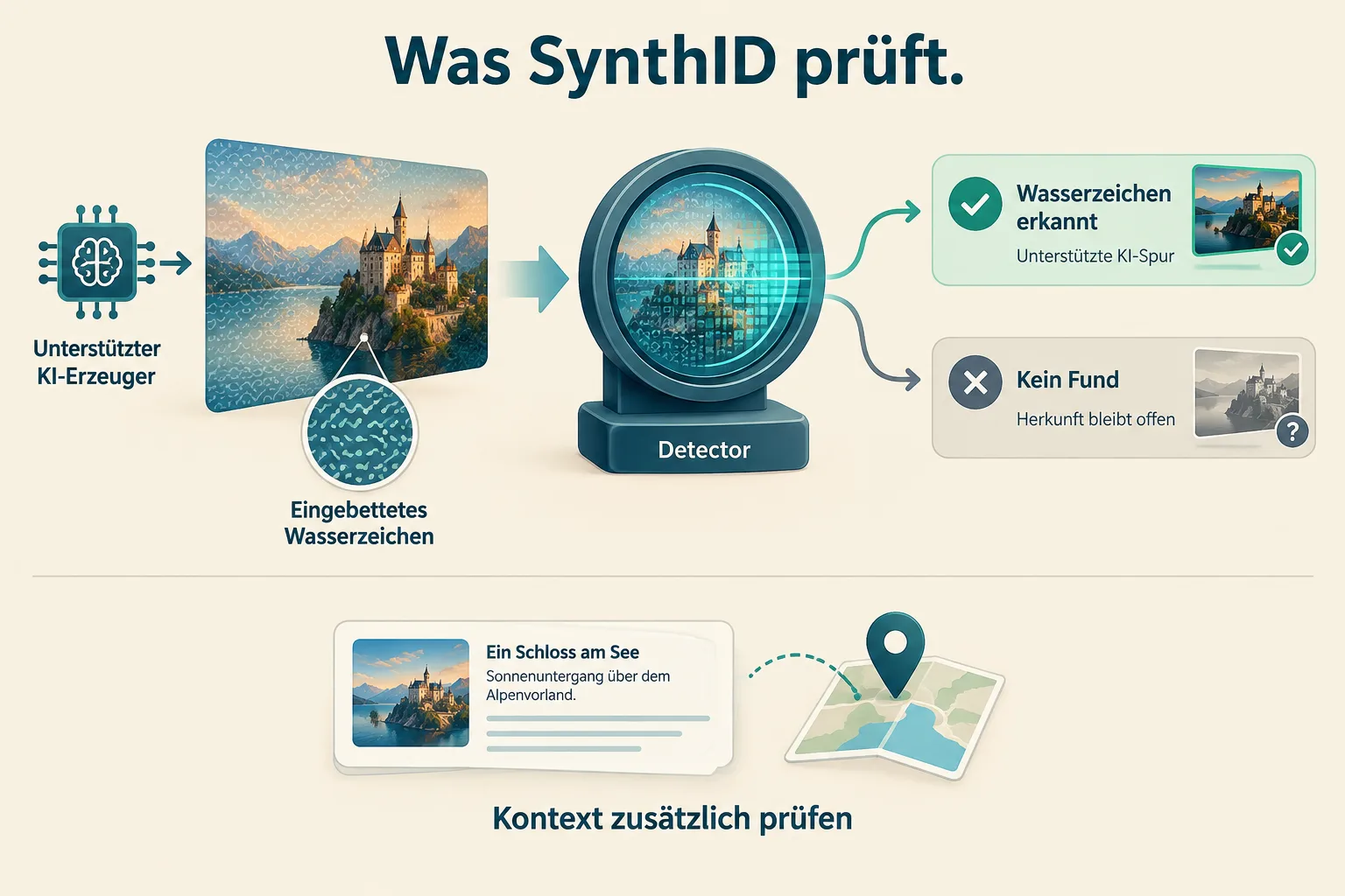 Ein Schema zeigt die Wasserzeichenprüfung vom unterstützten KI-Erzeuger bis zum Detector