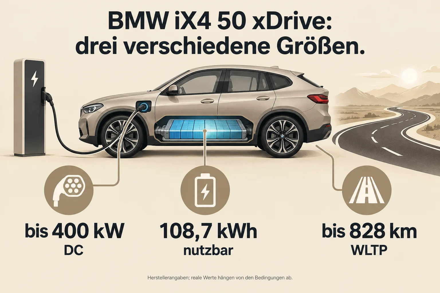 Ein Schema trennt Akkukapazität, Ladeleistung und WLTP-Reichweite des BMW iX4 50 xDrive