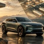 Konzeptionelles elektrisches SUV an einer Ladesäule, keine Produktaufnahme