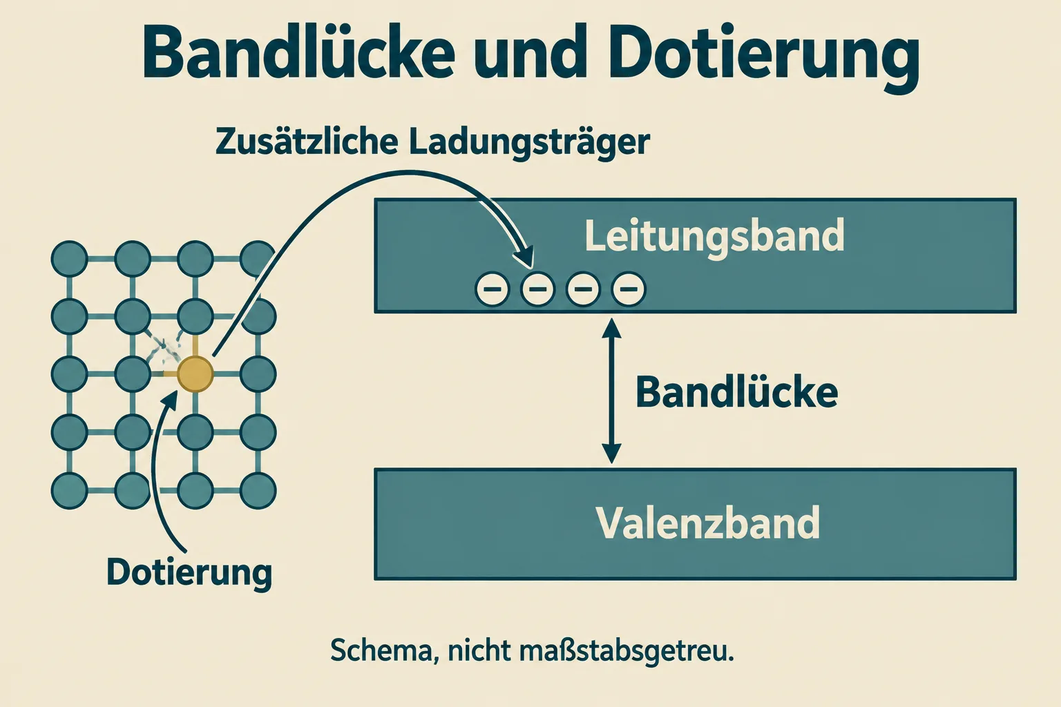 Ein schematisches Energiediagramm trennt Bandlücke und durch Dotierung bereitgestellte Ladungsträger
