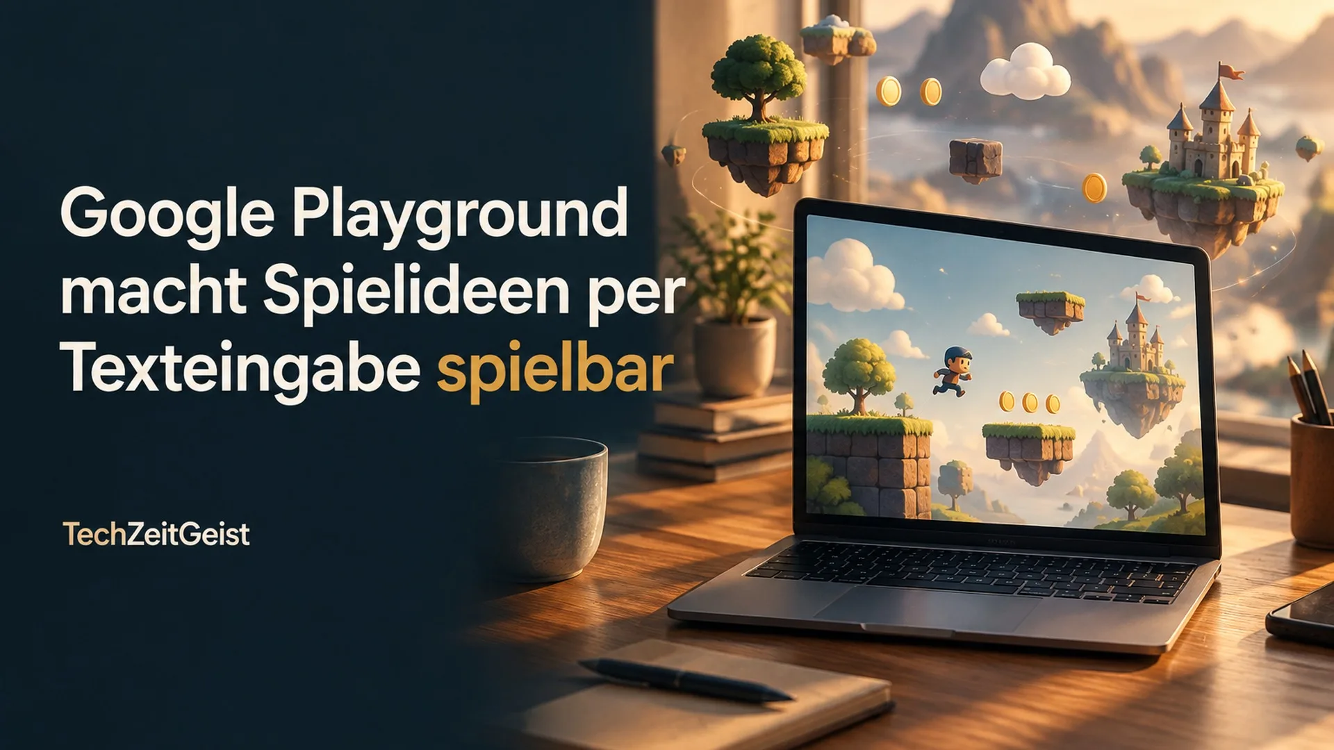 Laptop mit einer schematischen Spielwelt aus schwebenden Inseln und der Artikelüberschrift