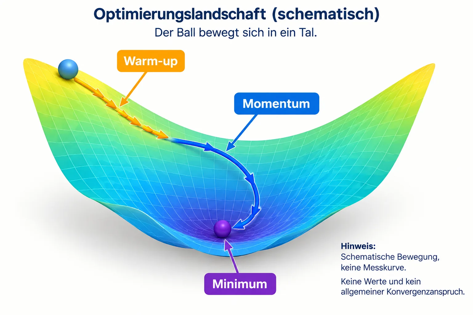 Schematischer Vergleich eines schrittweisen Starts und einer schwingenden Bewegung mit Momentum zum Minimum
