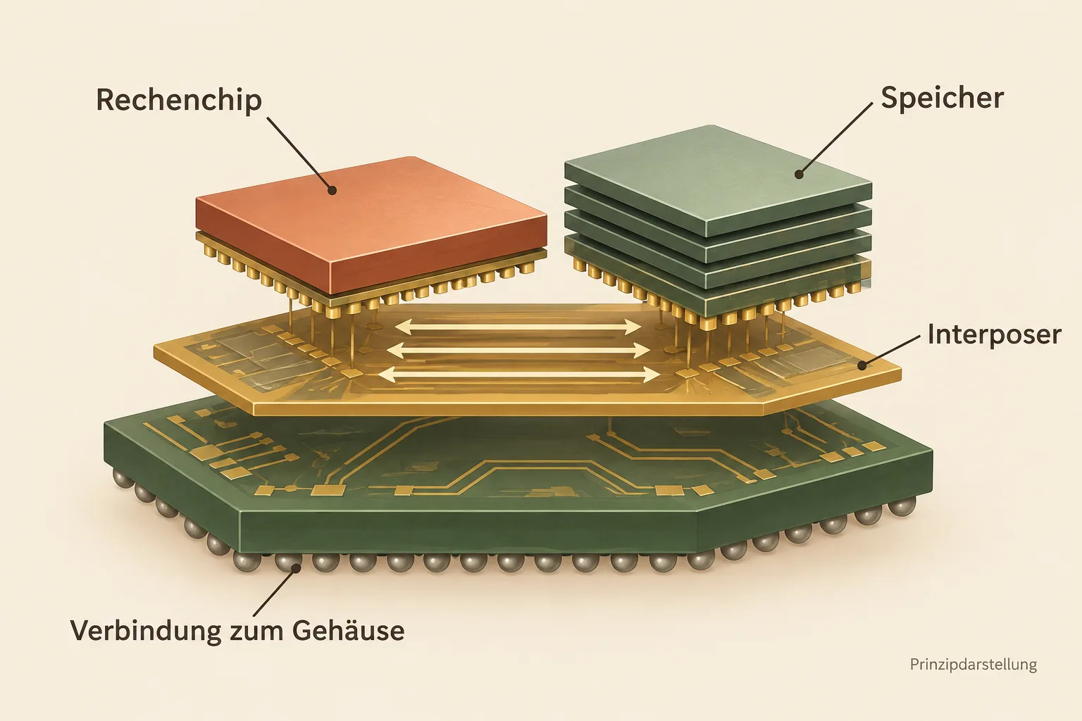Rechenchip und Speicherstapel über einer gemeinsamen Interposer-Verbindungsebene