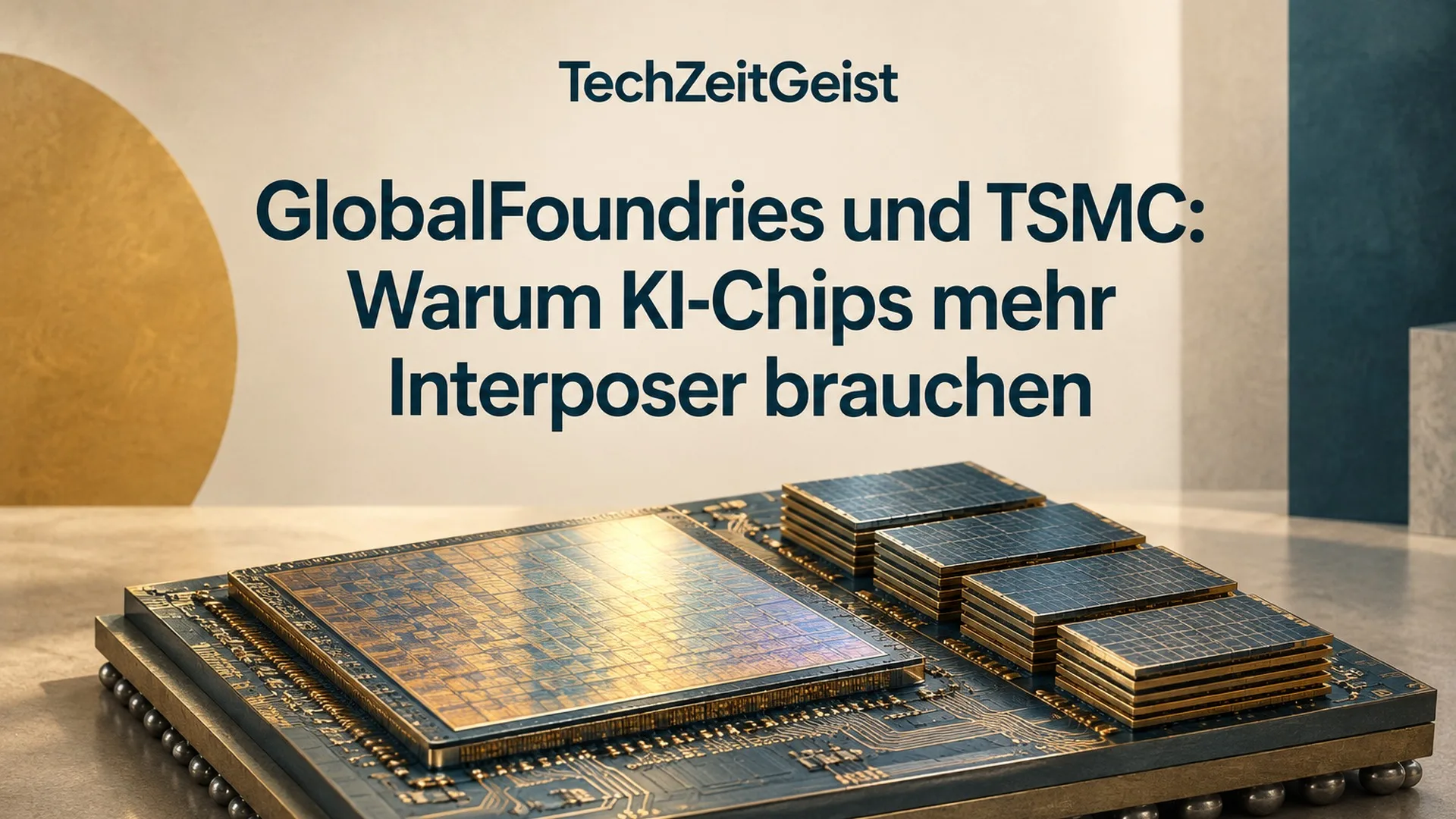 Konzeptionelle Illustration zum Thema GlobalFoundries und TSMC: Warum KI-Chips mehr Interposer brauchen mit vollständiger Überschrift und TechZeitGeist-Schriftzug