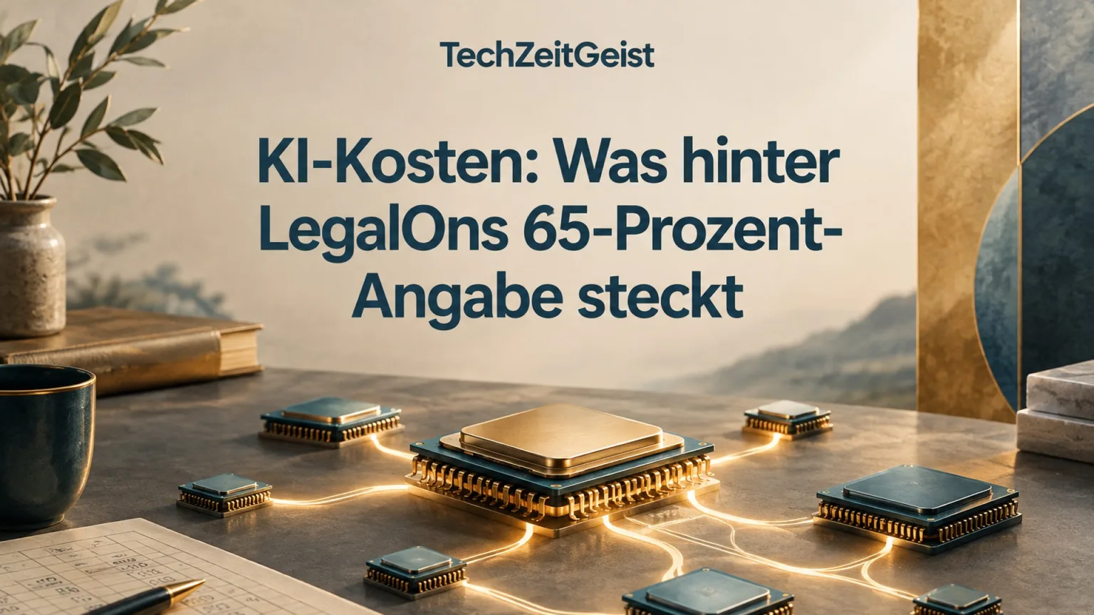Konzeptionelle Illustration zum Thema KI-Kosten: Was hinter LegalOns 65-Prozent-Angabe steckt mit vollständiger Überschrift und TechZeitGeist-Schriftzug