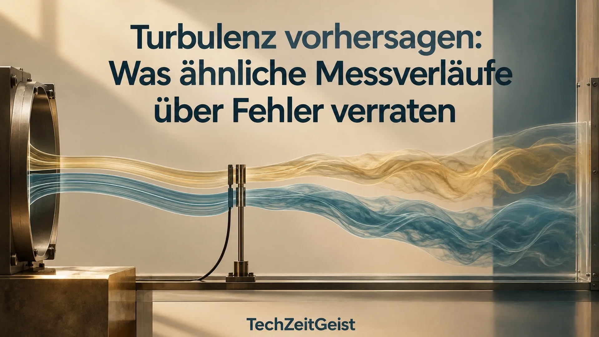 Konzeptionelle Illustration zum Thema Turbulenz vorhersagen: Was ähnliche Messverläufe über Fehler verraten mit vollständiger Überschrift und TechZeitGeist-Schriftzug