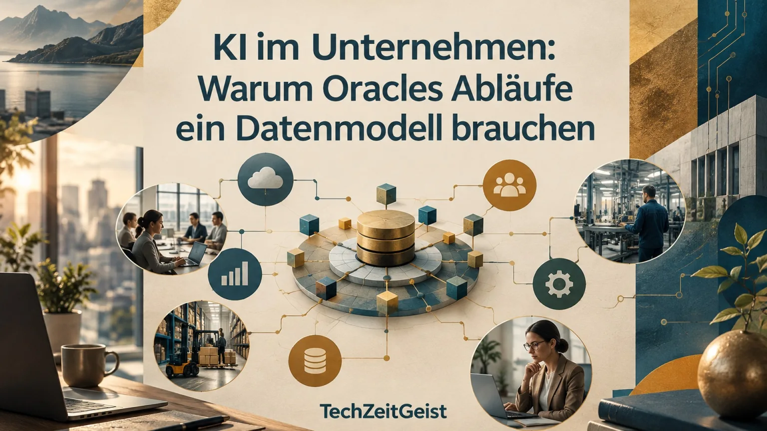 Konzeptionelle Illustration zum Thema KI im Unternehmen: Warum Oracles Abläufe ein Datenmodell brauchen mit vollständiger Überschrift und TechZeitGeist-Schriftzug