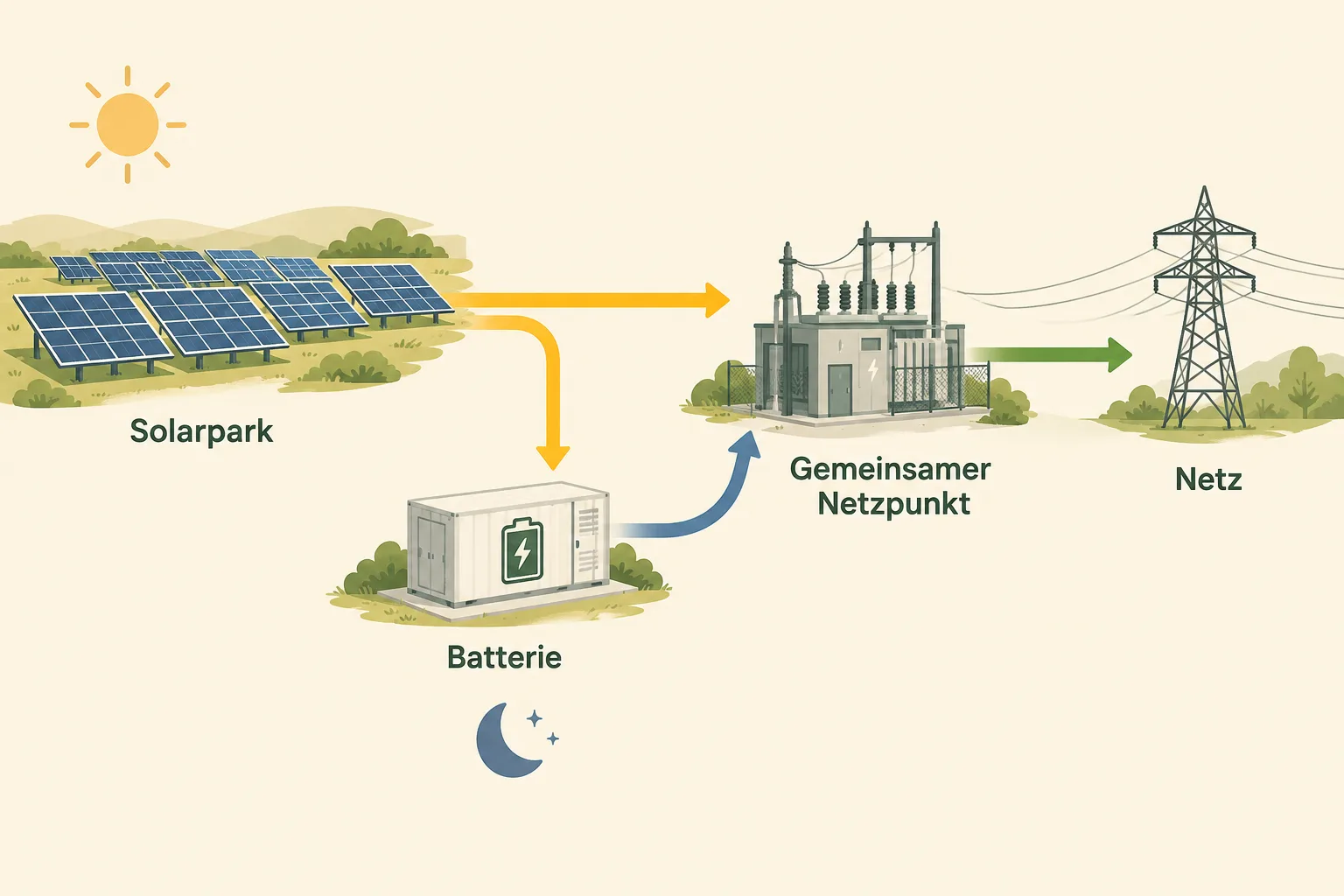 Solarpark und Batterie nutzen einen gemeinsamen Netzpunkt und müssen ihre Energieflüsse abstimmen