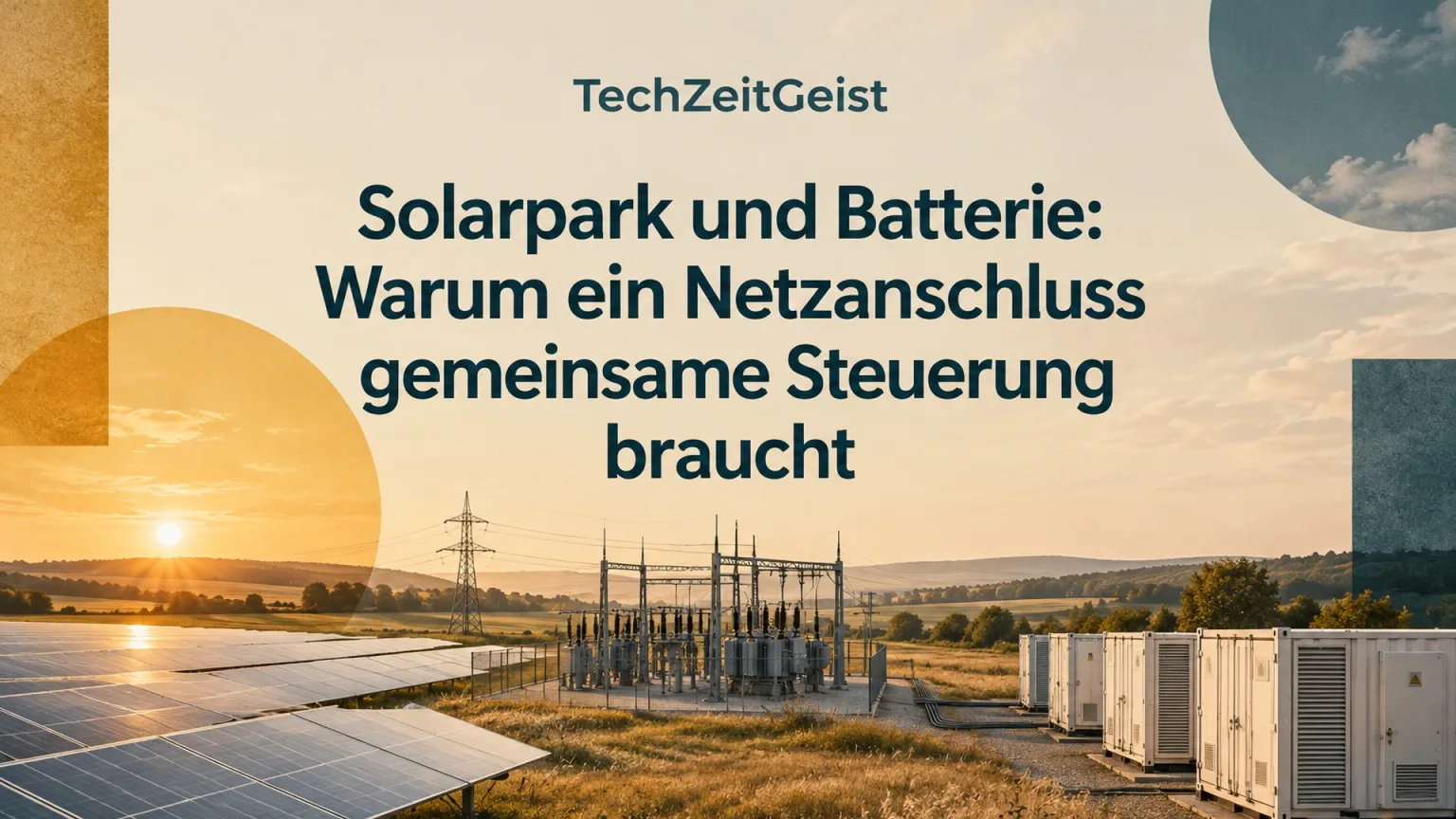 Konzeptionelle Illustration zum Thema Solarpark und Batterie: Warum ein Netzanschluss gemeinsame Steuerung braucht mit vollständiger Überschrift und TechZeitGeist-Schriftzug