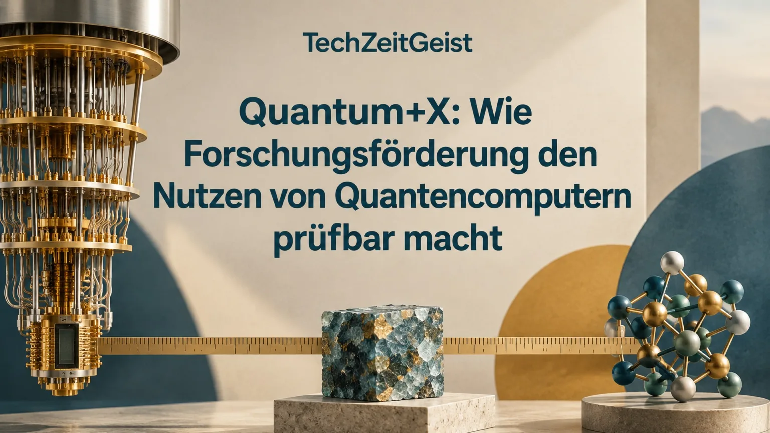 Konzeptionelle Illustration zum Thema Quantum+X: Wie Forschungsförderung den Nutzen von Quantencomputern prüfbar macht mit vollständiger Überschrift und TechZeitGeist-Schriftzug