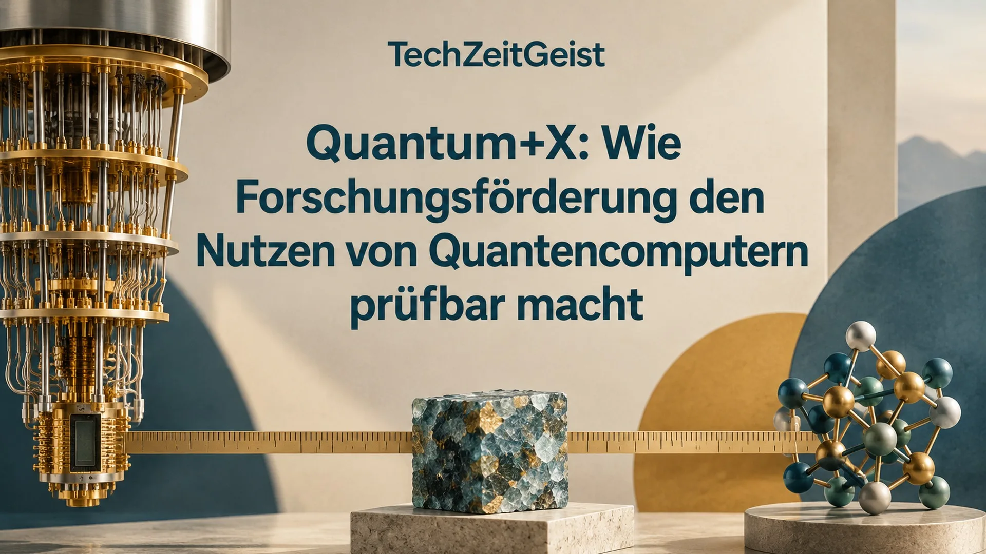 Konzeptionelle Illustration zum Thema Quantum+X: Wie Forschungsförderung den Nutzen von Quantencomputern prüfbar macht mit vollständiger Überschrift und TechZeitGeist-Schriftzug