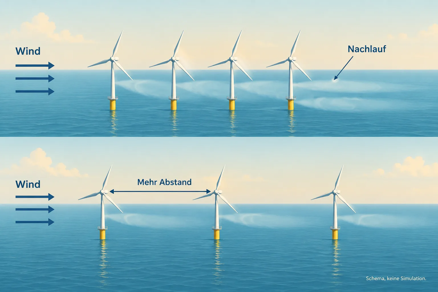 Windnachläufe zwischen Offshore-Windanlagen in einer schematischen Darstellung
