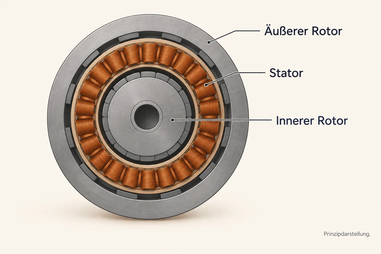 Prinzipdarstellung eines Stators zwischen innerem und äußerem Rotor