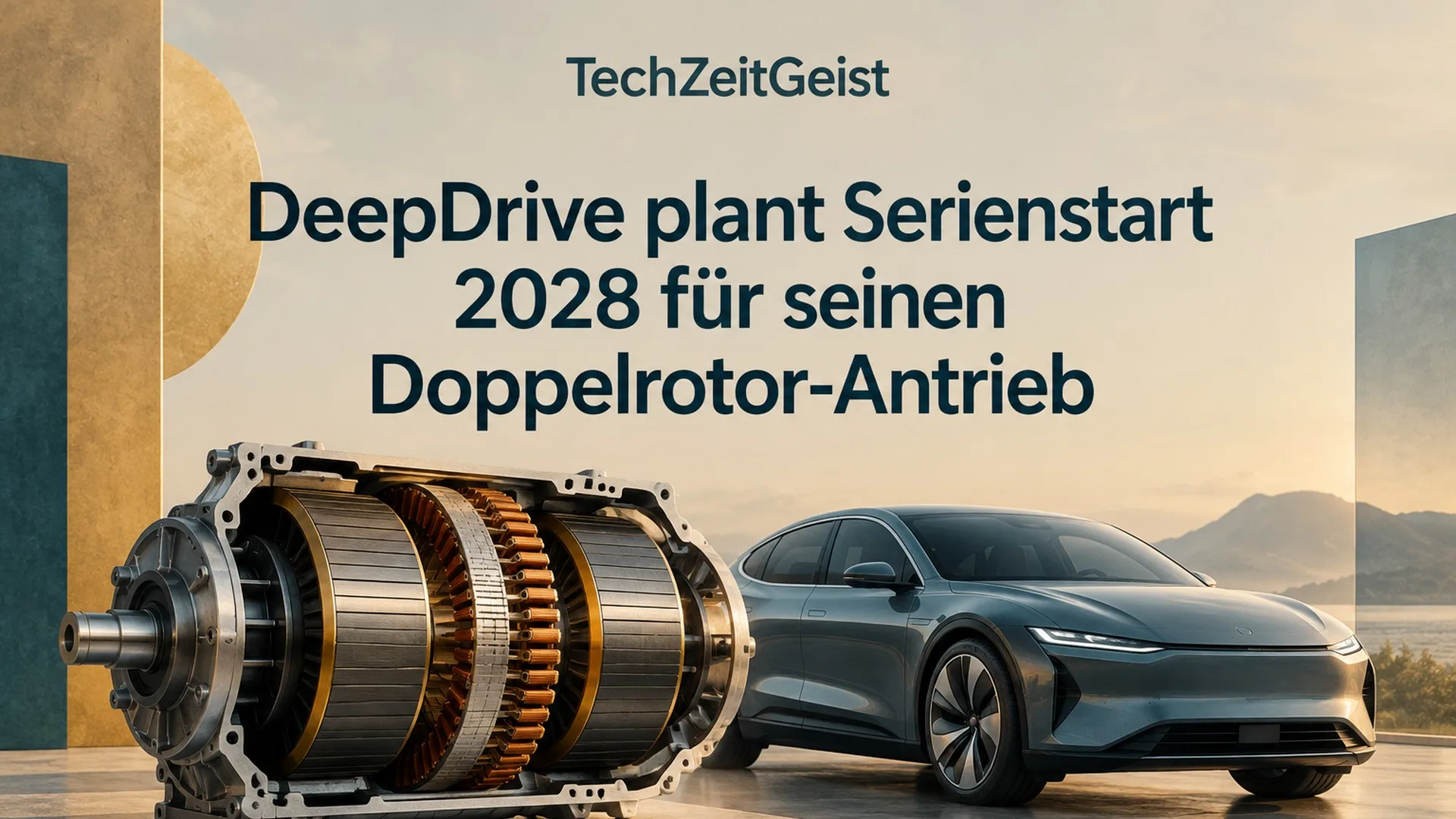 Konzeptionelle Illustration zum Thema DeepDrive plant Serienstart 2028 für seinen Doppelrotor-Antrieb mit vollständiger Überschrift und TechZeitGeist-Schriftzug