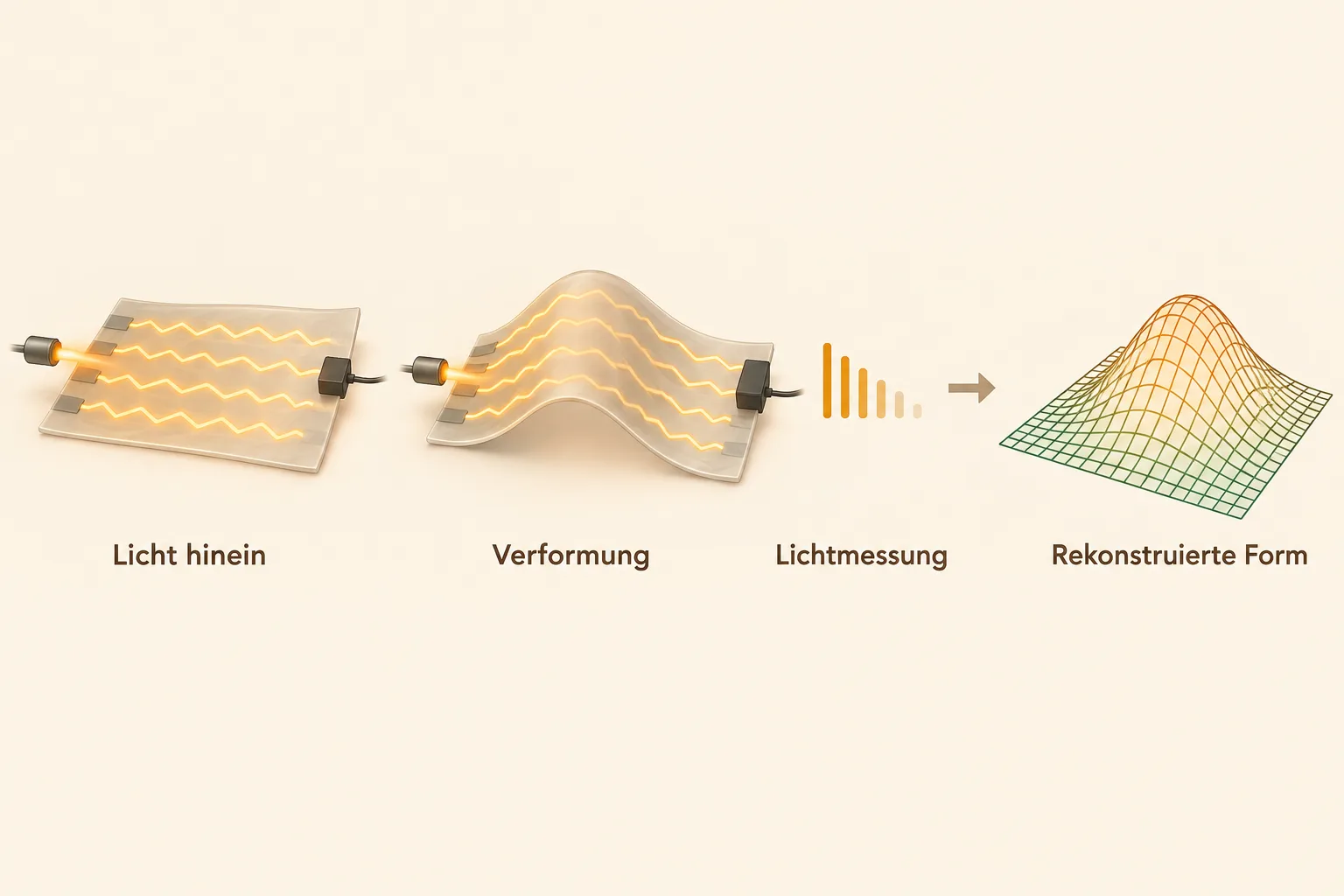 Lichtmessung in einer verformten Folie und daraus rekonstruierte digitale Oberfläche