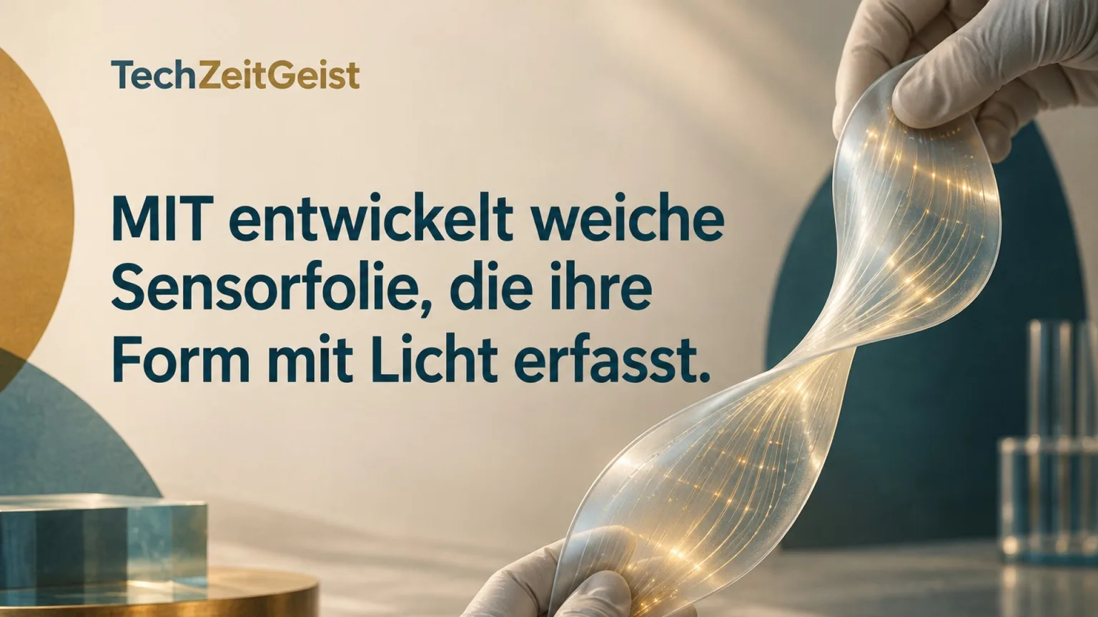 Konzeptionelle Illustration zum Thema MIT entwickelt weiche Sensorfolie, die ihre Form mit Licht erfasst mit vollständiger Überschrift und TechZeitGeist-Schriftzug