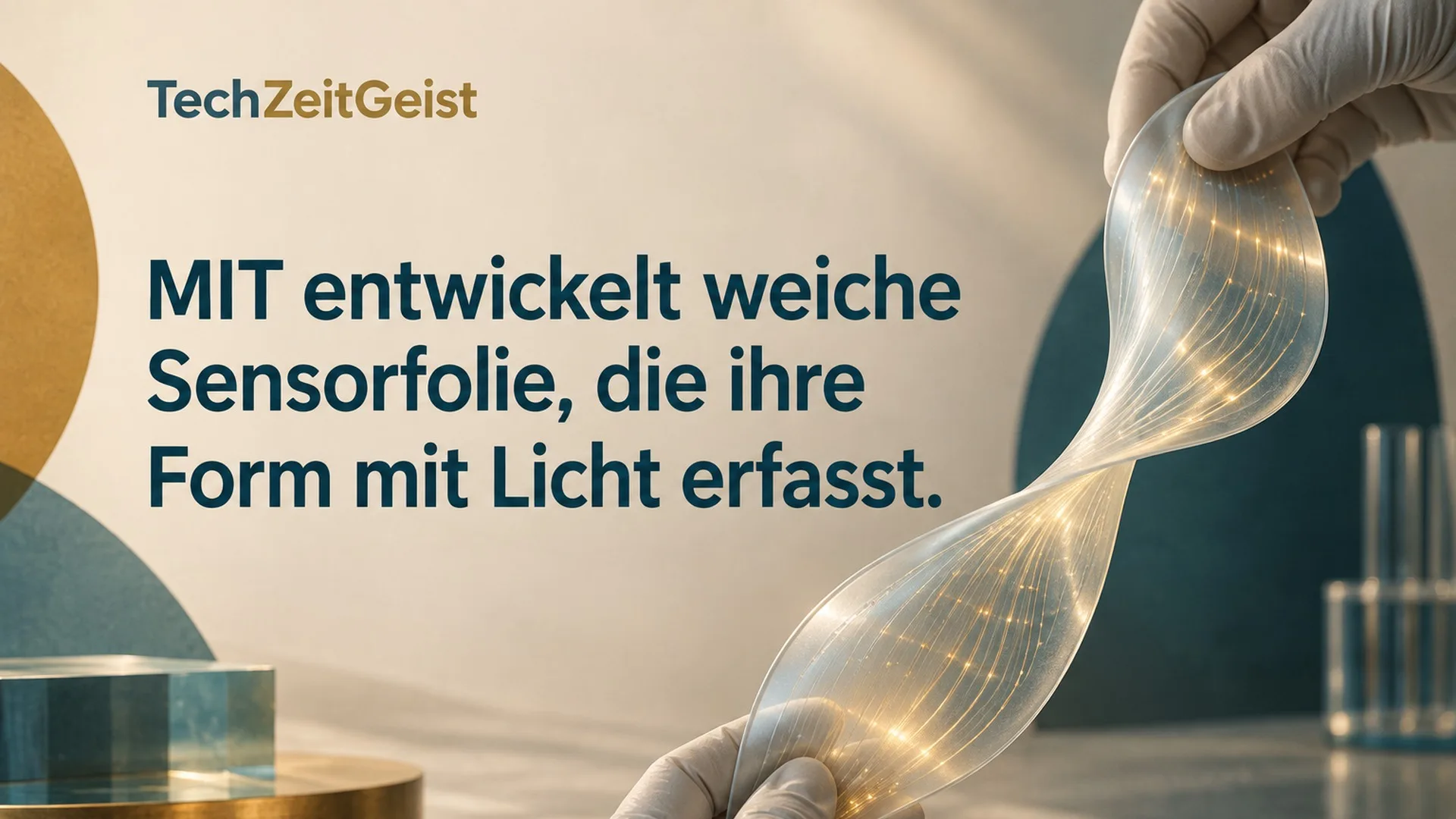 Konzeptionelle Illustration zum Thema MIT entwickelt weiche Sensorfolie, die ihre Form mit Licht erfasst mit vollständiger Überschrift und TechZeitGeist-Schriftzug