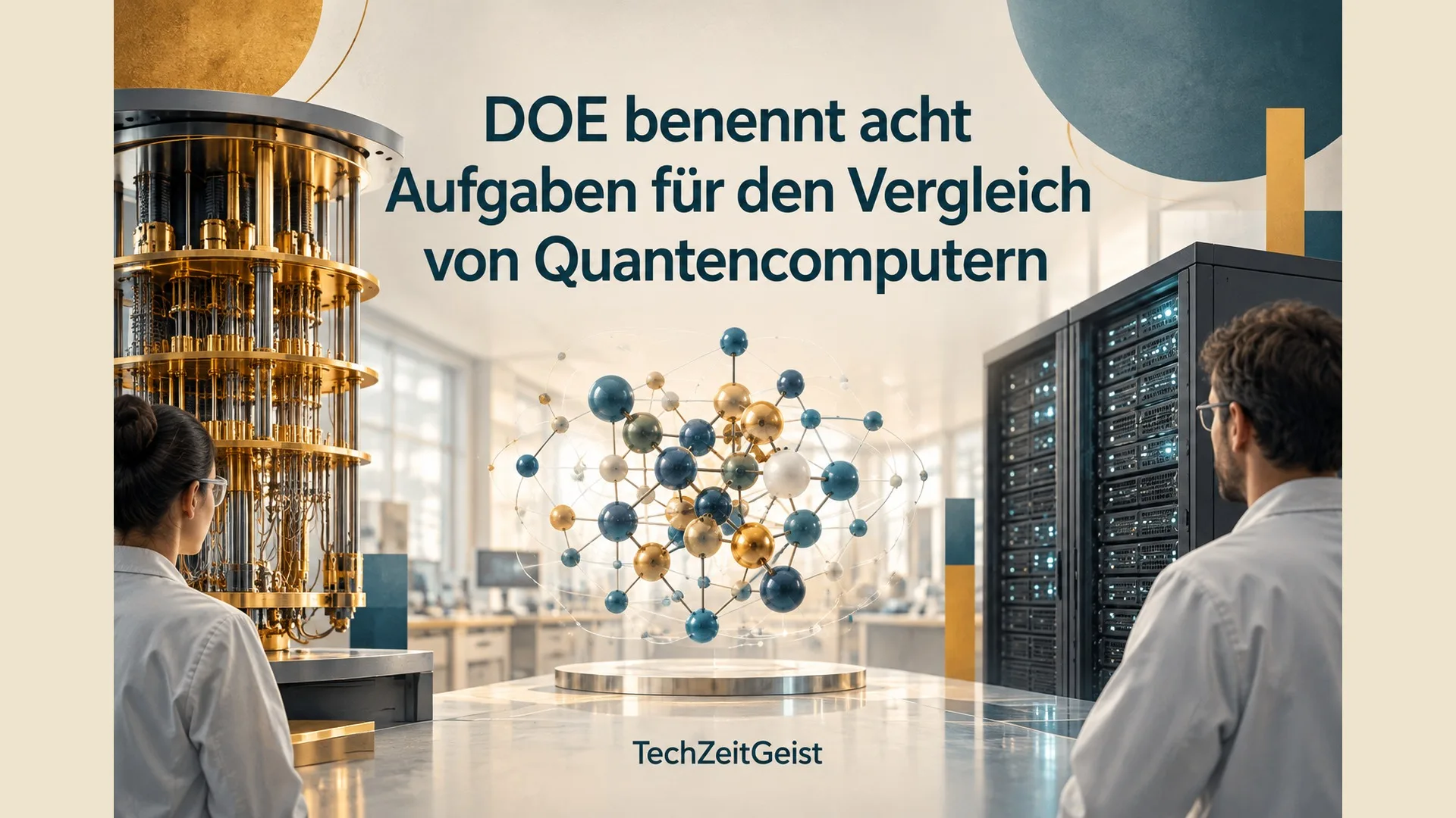 Konzeptionelle Illustration zum Thema DOE benennt acht Aufgaben für den Vergleich von Quantencomputern mit vollständiger Überschrift und TechZeitGeist-Schriftzug