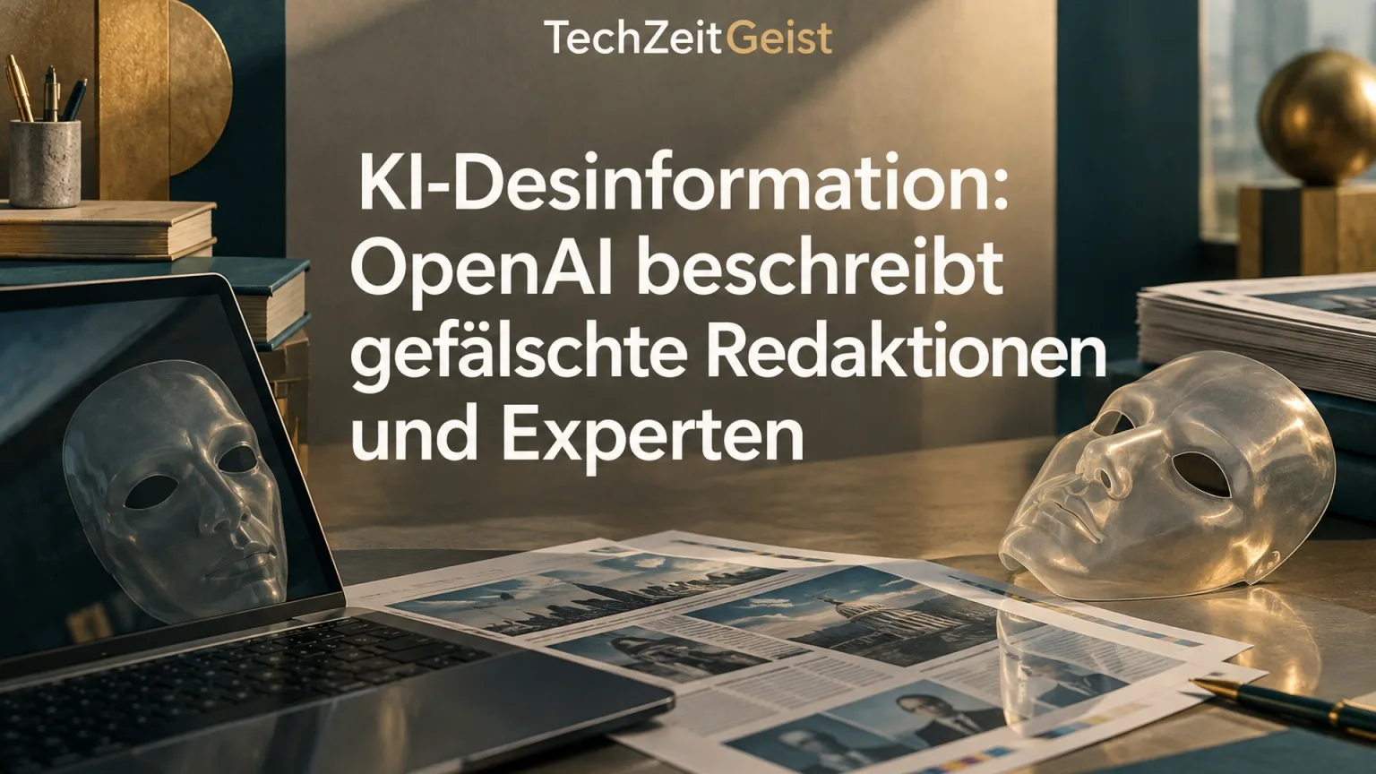 Konzeptionelle Illustration zum Thema KI-Desinformation: OpenAI beschreibt gefälschte Redaktionen und Experten mit vollständiger Überschrift und TechZeitGeist-Schriftzug