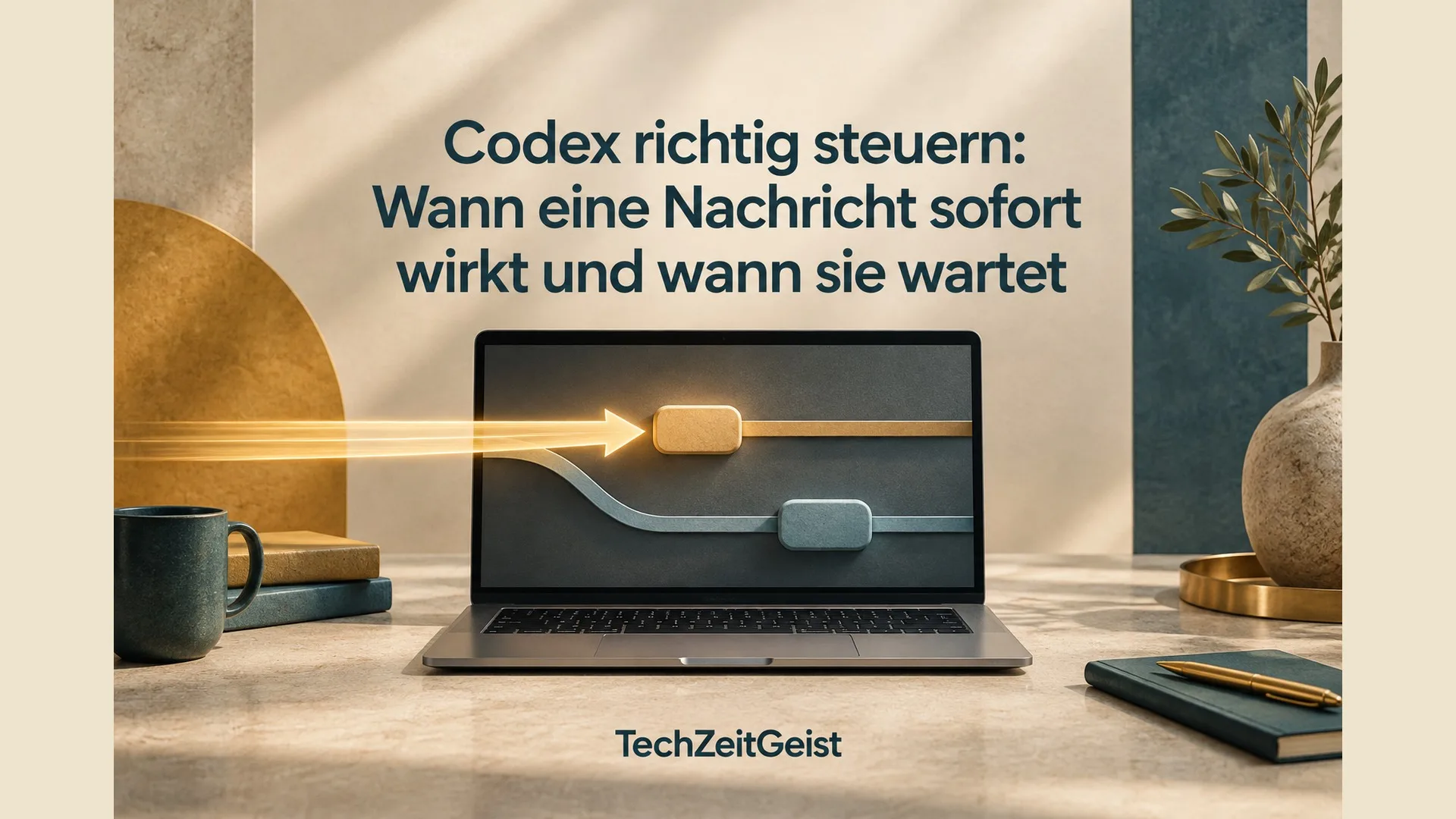 Konzeptionelle Illustration zum Thema Codex richtig steuern: Wann eine Nachricht sofort wirkt und wann sie wartet mit vollständiger Überschrift und TechZeitGeist-Schriftzug