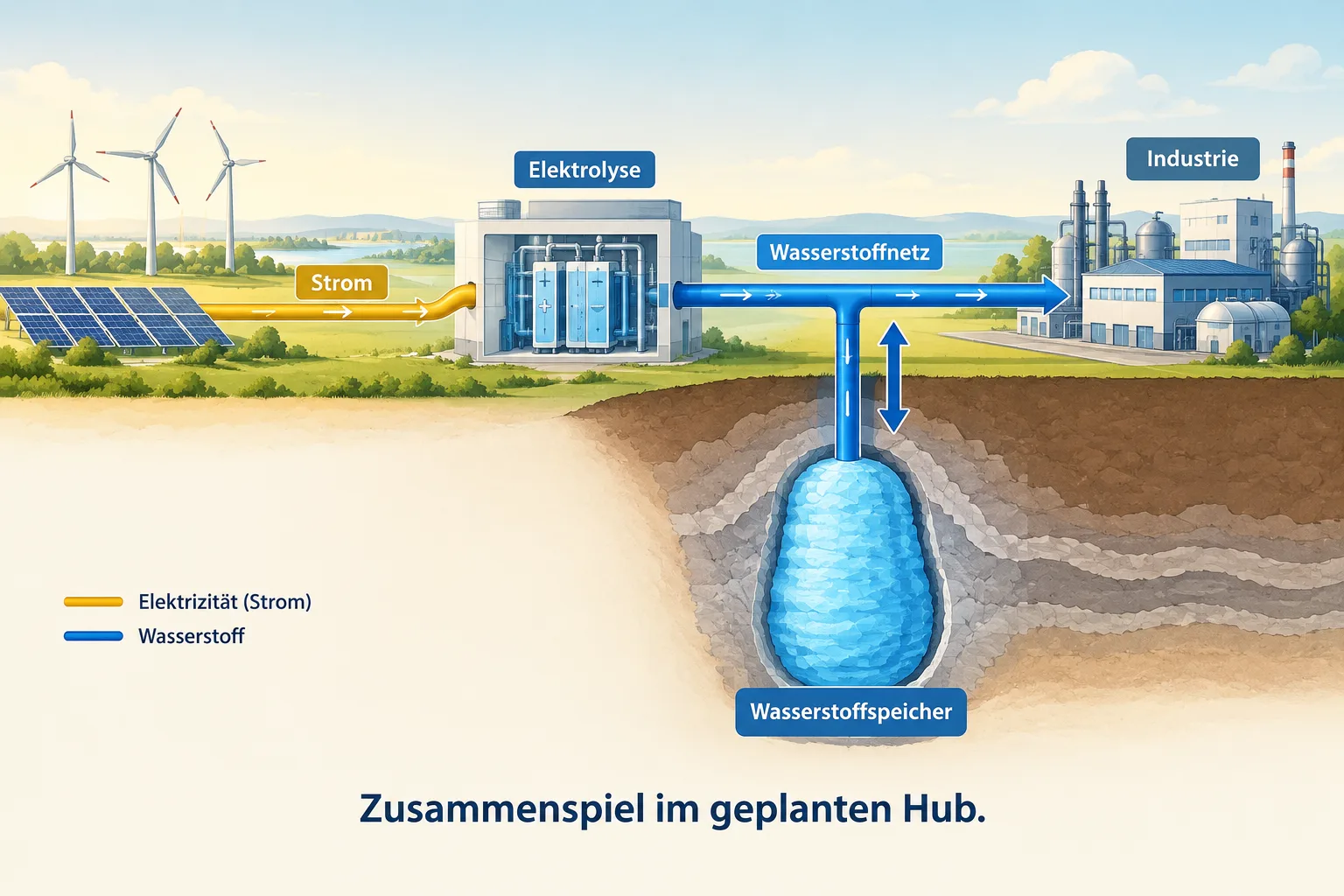 Elektrolyse, Wasserstoffspeicher, Netz und Industrie im Hub