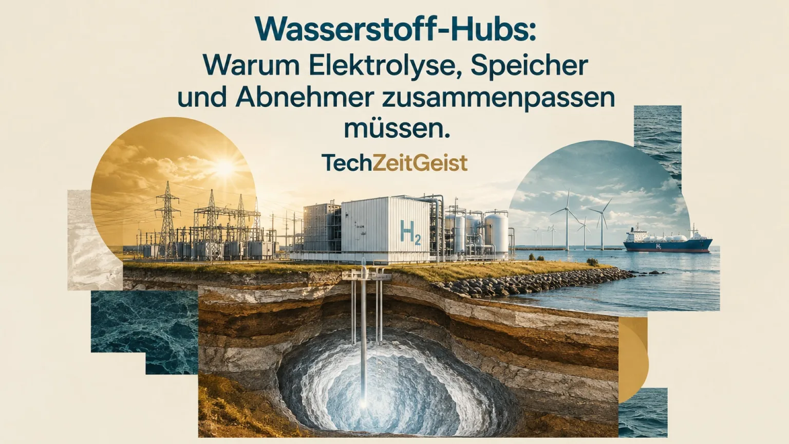 Konzeptionelle Illustration zum Thema Wasserstoff-Hubs: Warum Elektrolyse, Speicher und Abnehmer zusammenpassen müssen