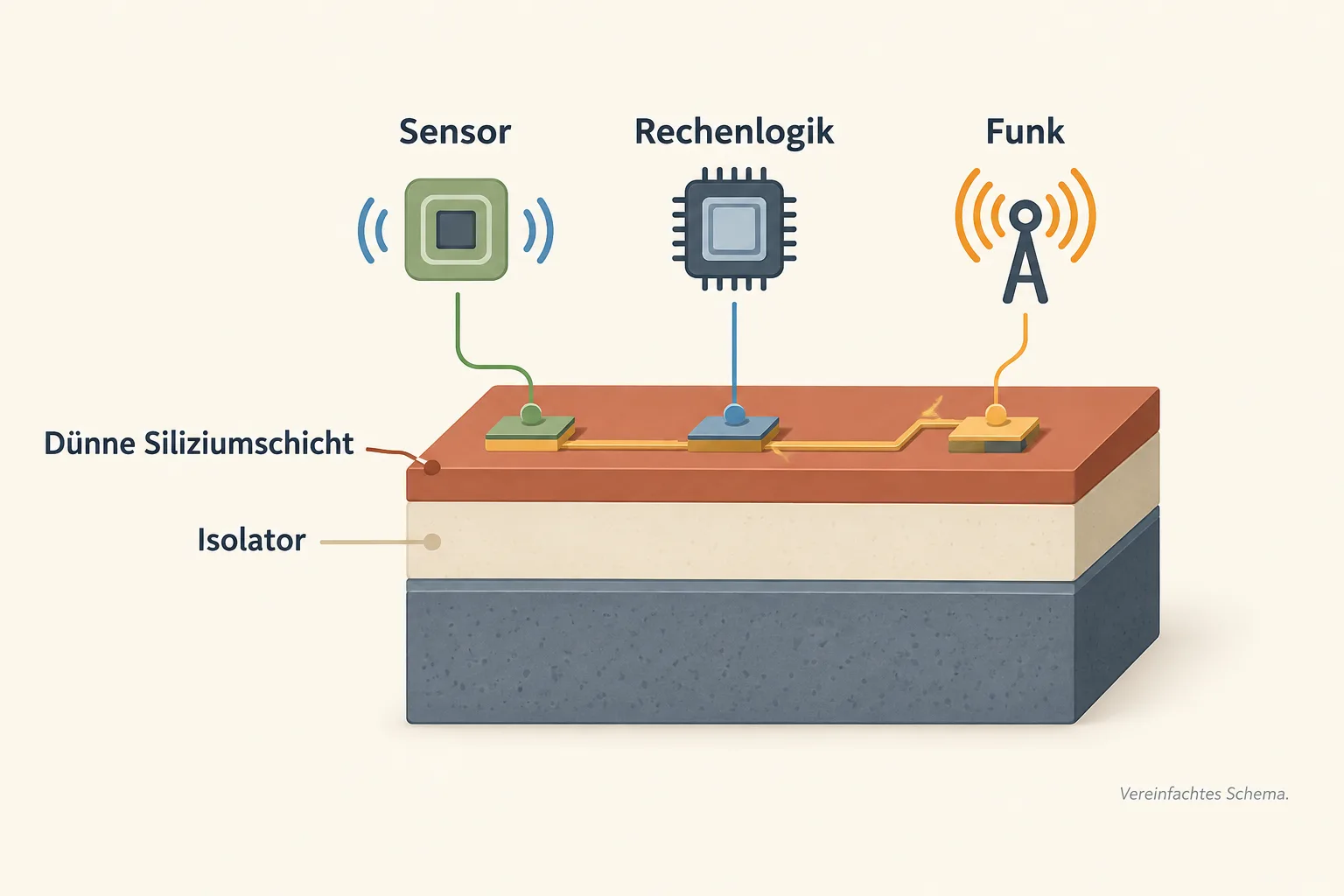 Schema eines Chips mit Sensoranbindung, Rechenlogik und Funk