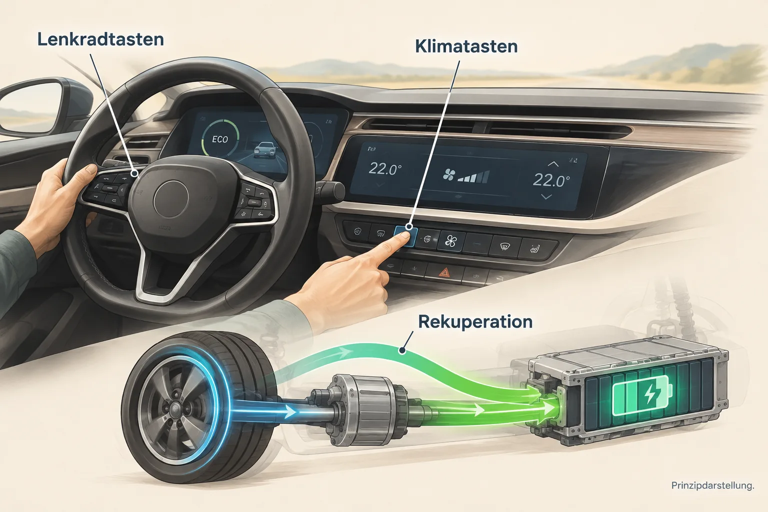 Prinzipdarstellung von Tastenbedienung und Rekuperation im Elektroauto