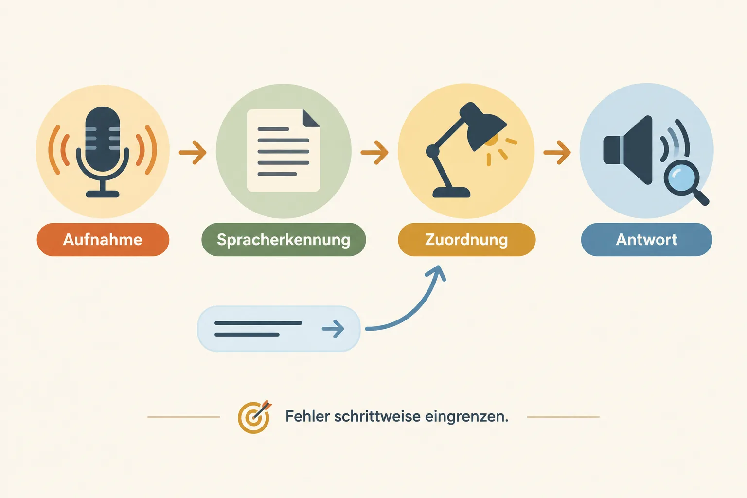 Stationen eines Sprachbefehls und Texttest zur Fehlereingrenzung