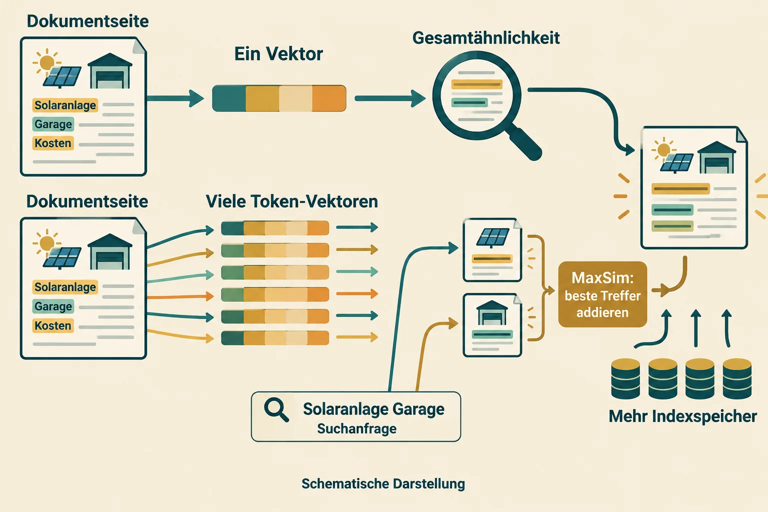 Eine Dokumentseite wird entweder zu einem Vektor oder zu vielen Token-Vektoren; MaxSim addiert die besten lokalen Treffer und benötigt mehr Indexspeicher