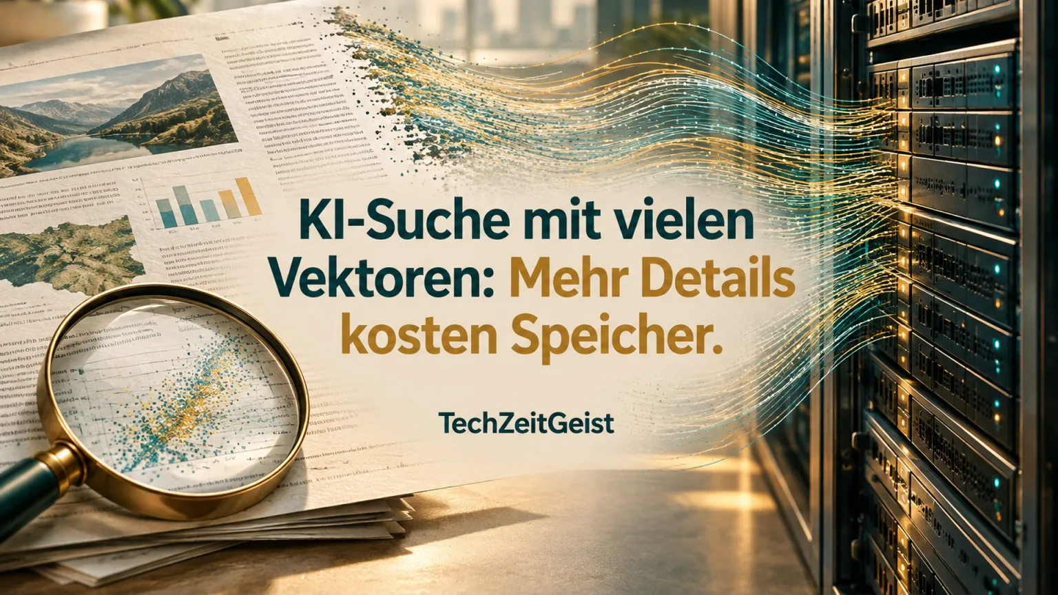 Symbolische Dokumentseiten und Datenlinien führen zu einem Speicherregal
