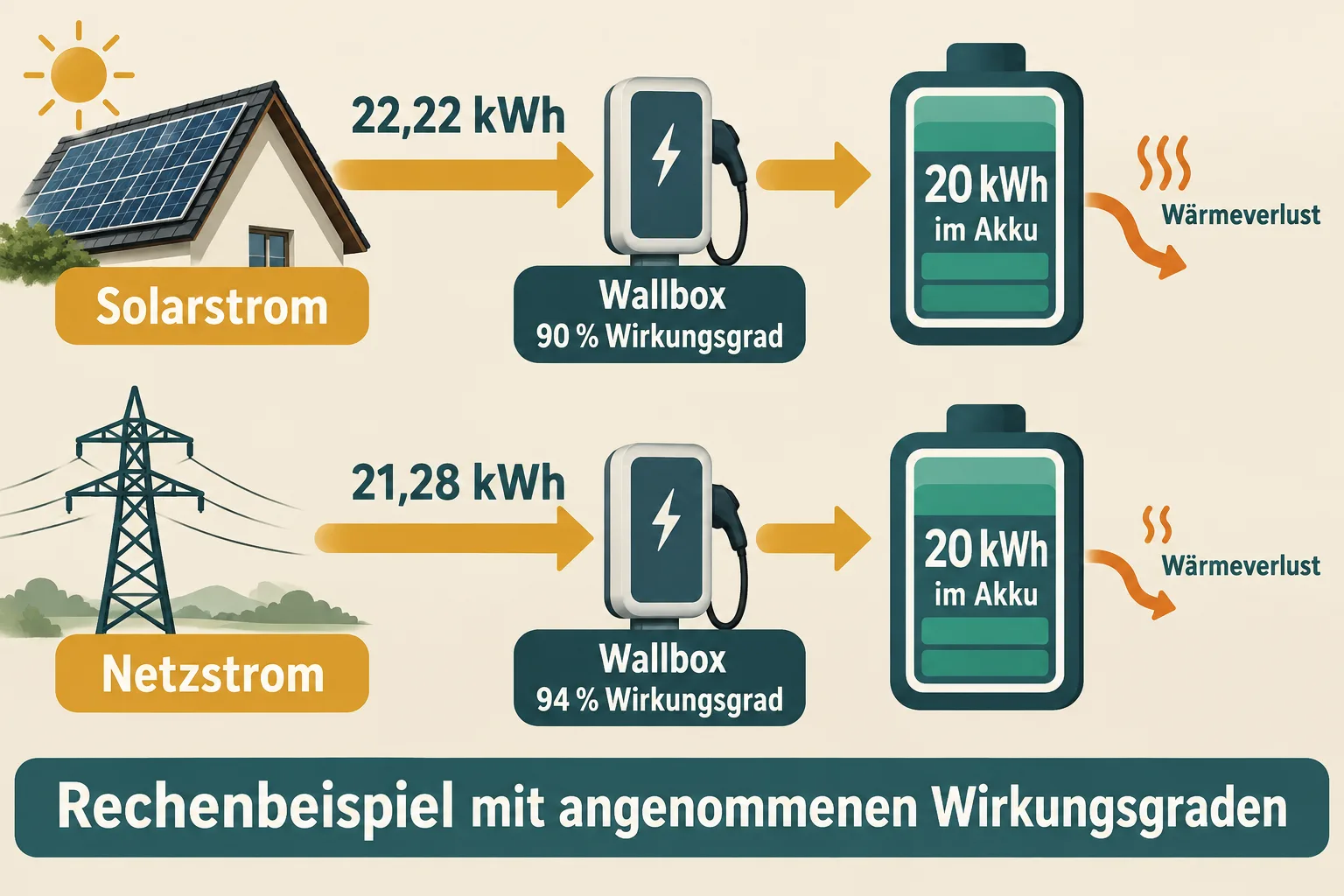Zwei Ladepfade liefern je 20 Kilowattstunden in den Akku; bei angenommenen 90 Prozent werden 22,22 Kilowattstunden benötigt, bei 94 Prozent 21,28