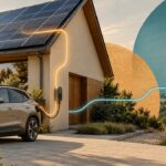 Symbolische Solar- und Netzstrompfade führen über eine Wallbox zu einem Elektroauto