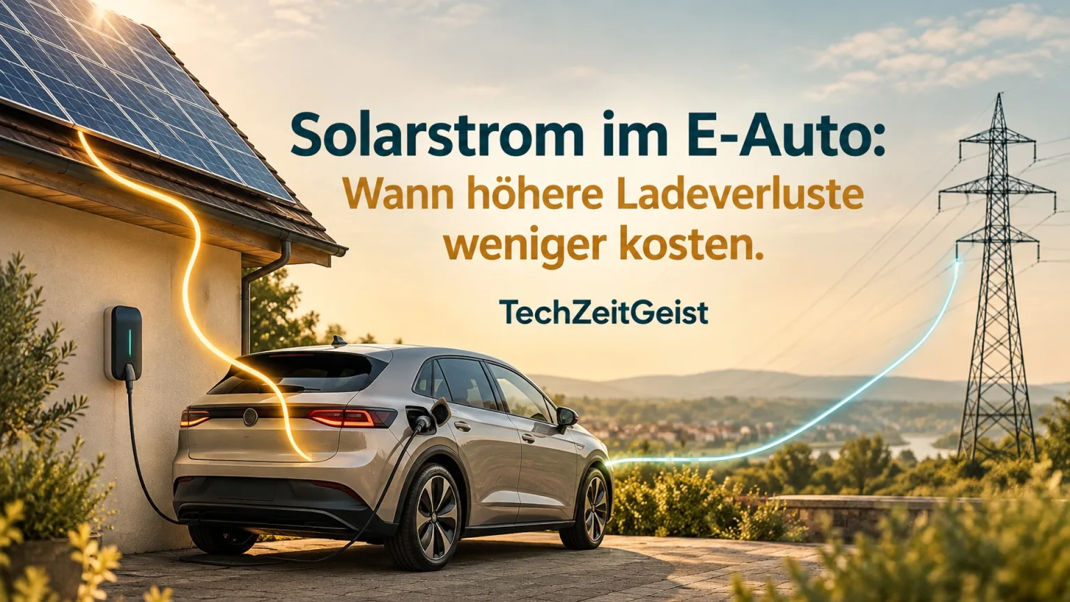 Symbolische Solar- und Netzstrompfade führen über eine Wallbox zu einem Elektroauto