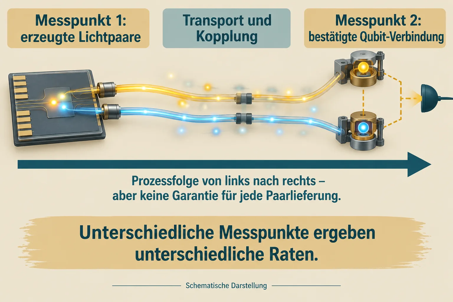 Eine Photonenquelle erzeugt Lichtpaare; nach Transport und Kopplung wird eine Qubit-Verbindung bestätigt – zwei unterschiedliche Messpunkte