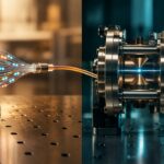 Symbolischer Photonenquellenchip neben optisch verbundenen Materie-Qubits