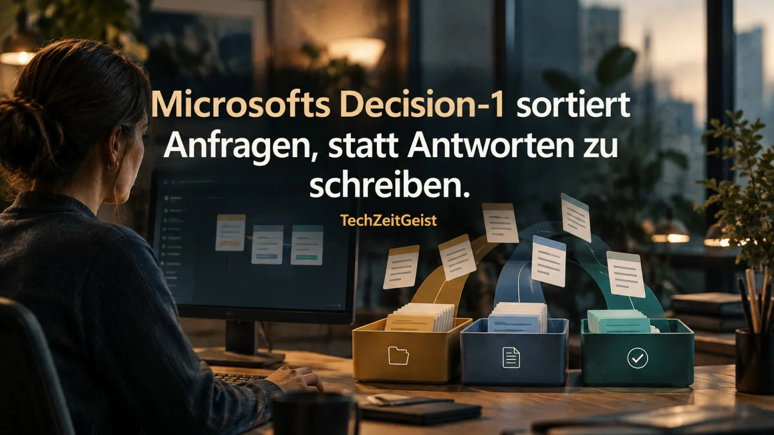 Editorial-Illustration sortierter digitaler Anfragen am Büroarbeitsplatz