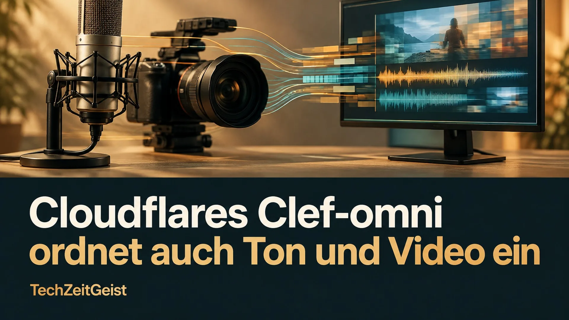 Editorial-Illustration eines Mikrofons und einer Kamera mit gemeinsamem digitalen Analysepfad