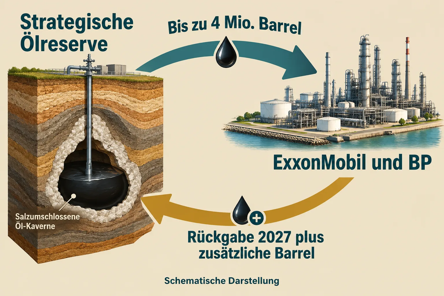 Strategische Ölreserve liefert schematisch bis zu vier Millionen Barrel an ExxonMobil und BP; ein Rückpfeil zeigt die Rückgabe 2027 mit zusätzlichen Barrel