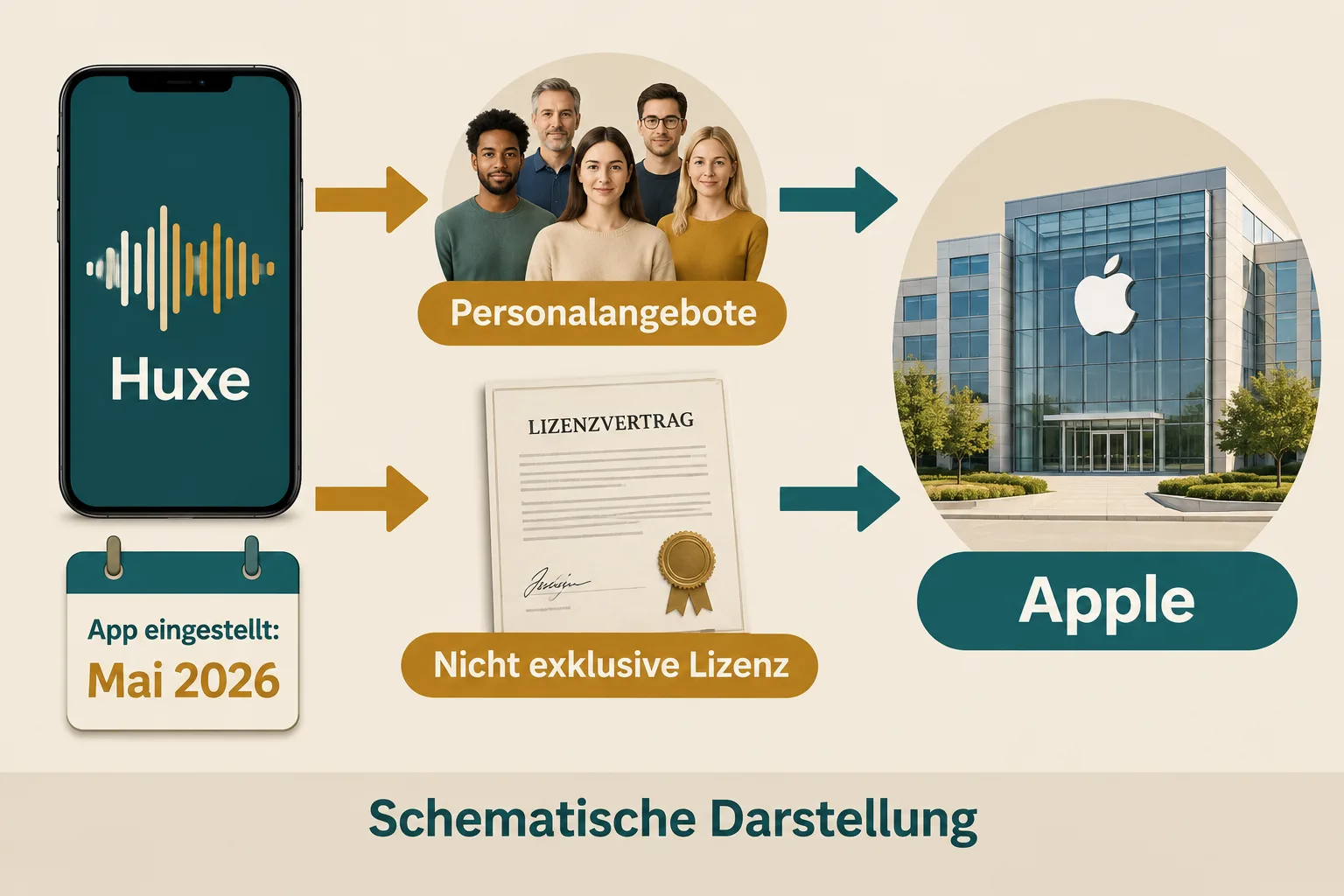 Huxe führt schematisch über Personalangebote und eine nicht exklusive Lizenz zu Apple; die App wurde im Mai 2026 eingestellt