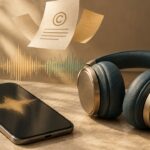 Symbolische Kopfhörer und Smartphone neben Lizenzpapieren