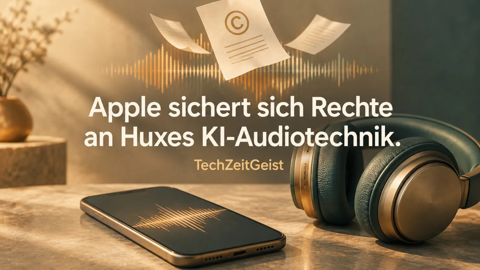 Symbolische Kopfhörer und Smartphone neben Lizenzpapieren