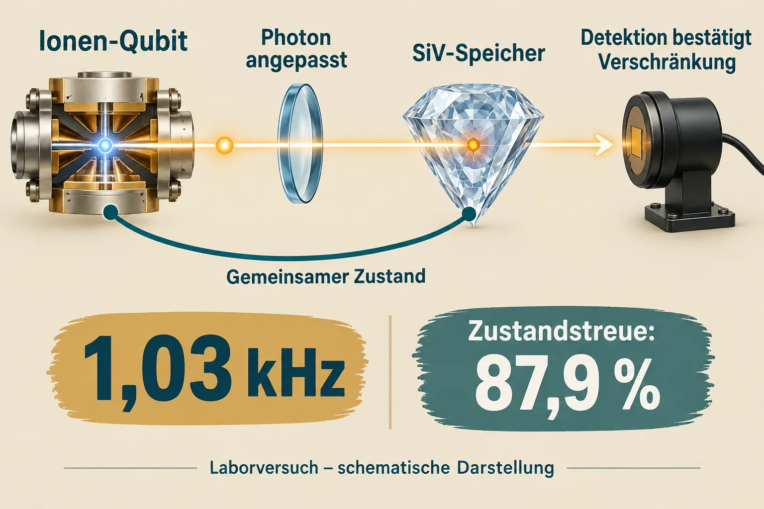 Ein Photon führt schematisch vom Ionen-Qubit über Anpassung zum SiV-Speicher; die Detektion bestätigt Verschränkung bei 1,03 Kilohertz und 87,9 Prozent Zustandstreue