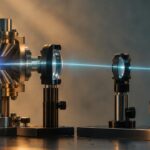 Symbolische Laborillustration einer Ionenfalle mit Lichtweg zu einem Diamantspeicher