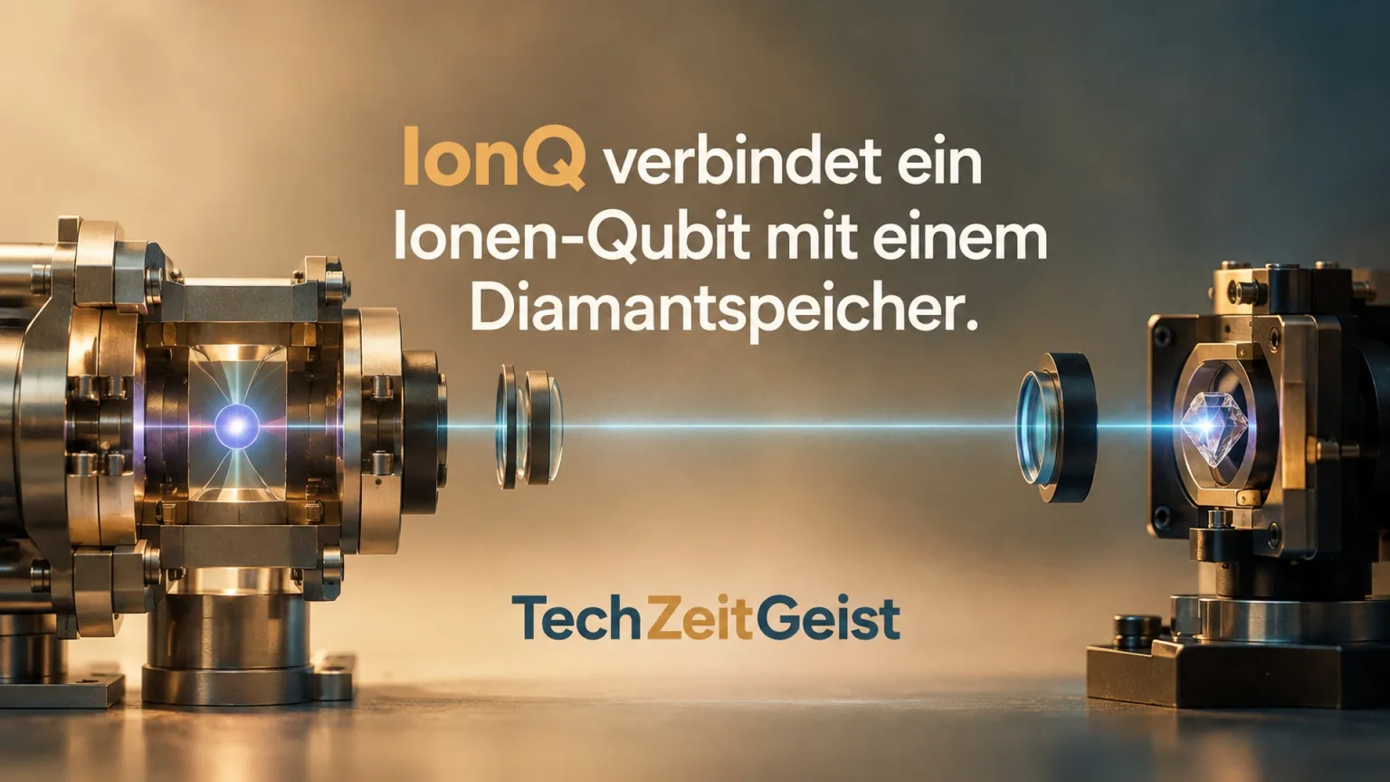 Symbolische Laborillustration einer Ionenfalle mit Lichtweg zu einem Diamantspeicher